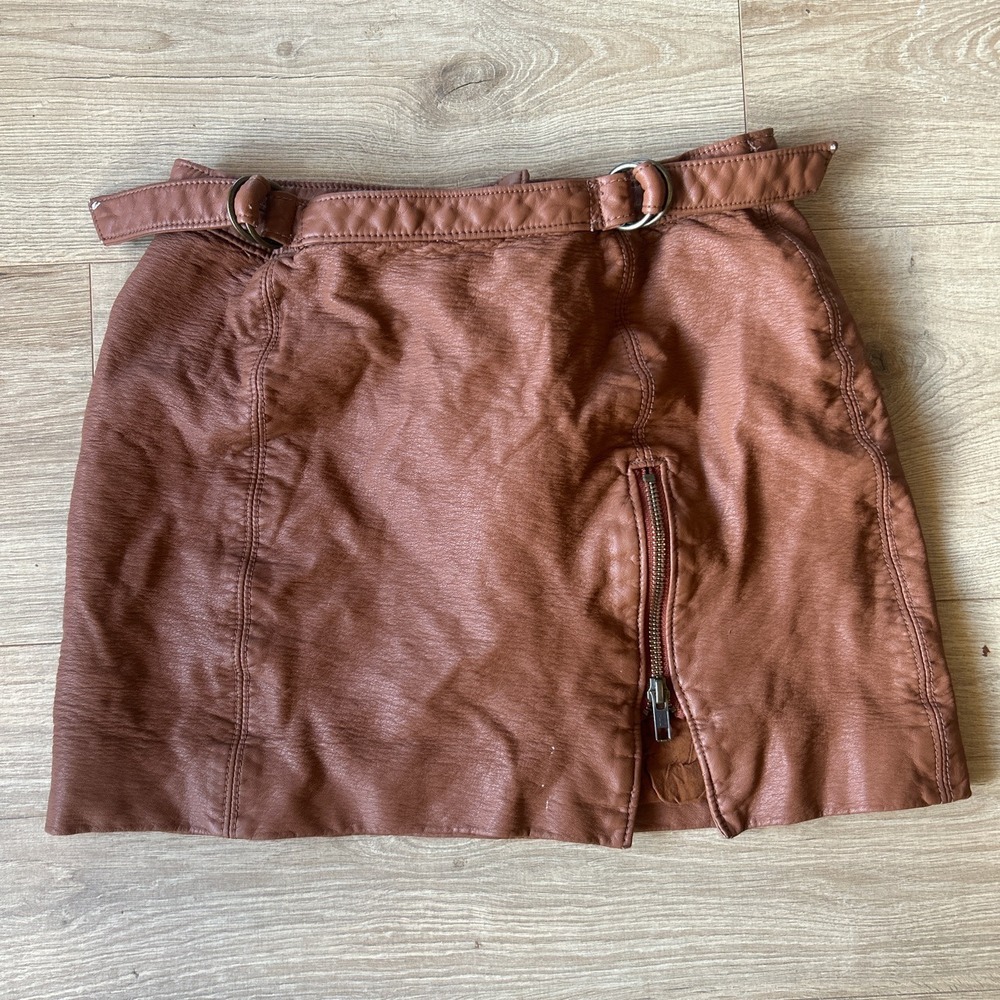 Free People Brown Vegan Leather Moto Mini Skirt with Belt Size 0